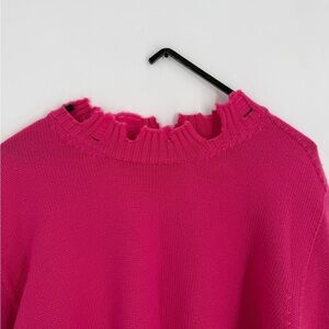 The Attico Hot Pink Distressed Flare Sleeve Cropped Knitted 100% Wool Sweater
